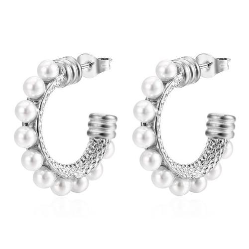 Edelstahl Stud Ohrring, 304 Edelstahl, mit Kunststoff Perlen, Buchstabe C, Vakuum-Ionen-Beschichtung, Modeschmuck & für Frau, keine, 24.5x25.2mm, verkauft von Paar