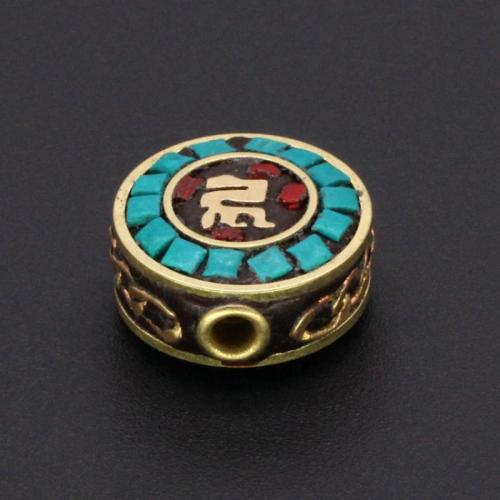 Enamel Brass Beads, with turquoise, Round, gold color plated, DIY 