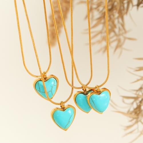 Titanium Steel Jewelry Necklace, with turquoise, with 5cm extender chain, Heart, plated, fashion jewelry, golden cm 
