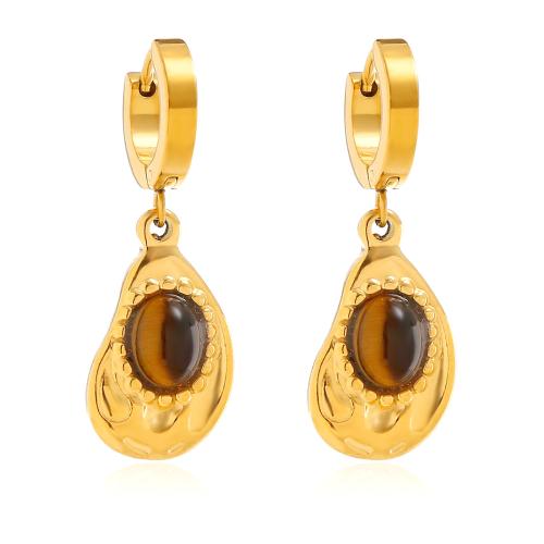 Huggie Hoop Drop Earring, 304 Stainless Steel, with Tiger Eye, plated, for woman, golden 