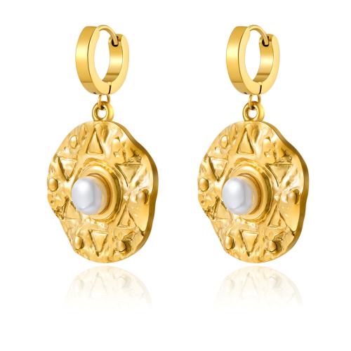 Huggie Hoop Drop Ohrringe, 316 Edelstahl, mit Kunststoff Perlen, plattiert, für Frau, goldfarben, verkauft von Paar