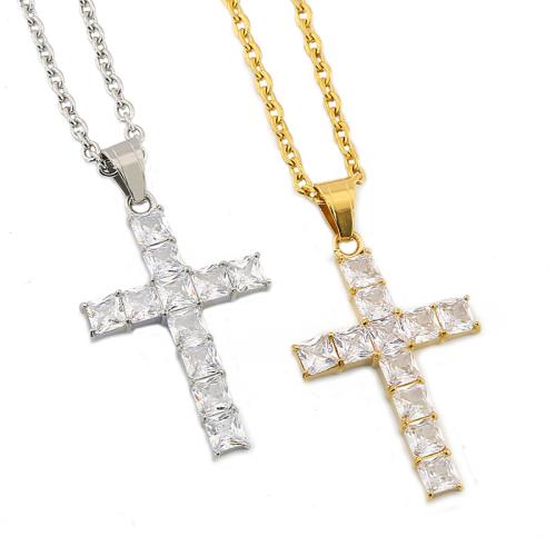 Cubic Zirconia Stainless Steel Necklace, 304 Stainless Steel, Cross, Vacuum Ion Plating, micro pave cubic zirconia & for woman Approx 50 cm [