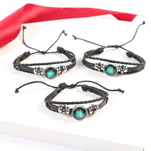Glass Jewelry Beads Bracelets, with leather cord, Zodiac symbols jewelry & Unisex & luminated, black cm 