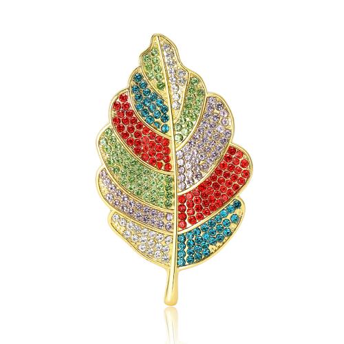 Rhinestone Zinc Alloy Brooch, Leaf, gold color plated, fashion jewelry & for woman & with rhinestone, multi-colored 