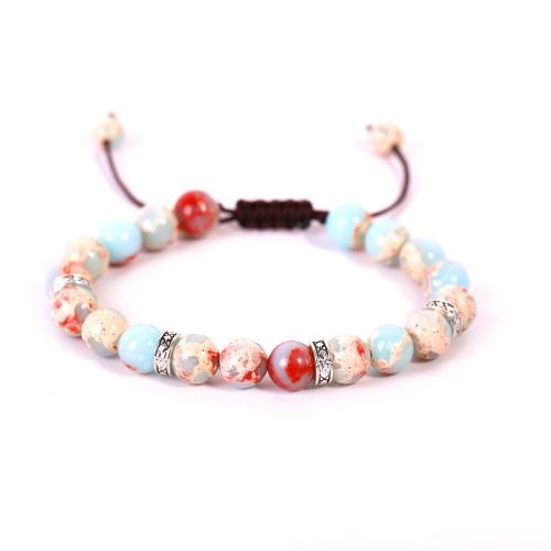 Gemstone Bracelets, Natural Stone, with Knot Cord & Zinc Alloy, Round, silver color plated, Adjustable & fashion jewelry & Unisex 8mm Approx 18 cm 