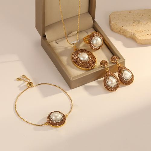 Brass Freshwater Pearl Jewelry Sets, with Freshwater Pearl, fashion jewelry & micro pave cubic zirconia & for woman Approx 45.4 cm, Approx 11.8 cm 
