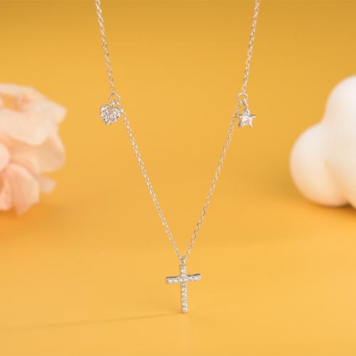 Cubic Zircon Micro Pave Sterling Silver Necklace, 925 Sterling Silver, Cross, fashion jewelry & micro pave cubic zirconia & for woman Approx 45 cm 