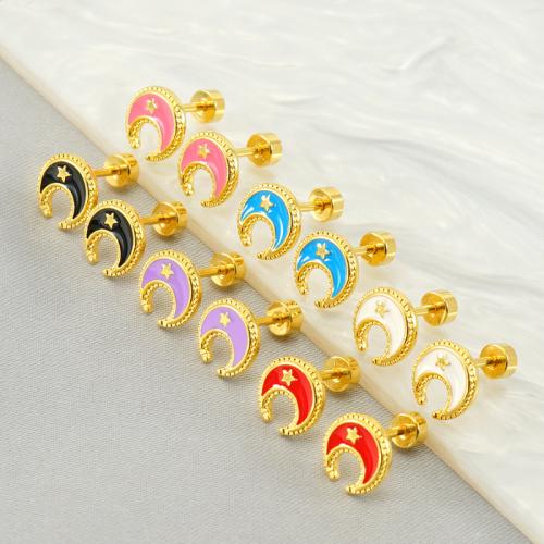 Stainless Steel Stud Earring, 304 Stainless Steel, Moon, 18K gold plated, fashion jewelry & for woman & enamel 