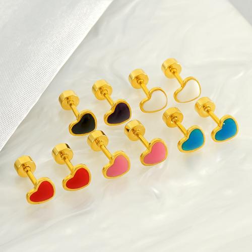 Stainless Steel Stud Earring, 304 Stainless Steel, Heart, 18K gold plated, fashion jewelry & for woman & enamel 6mm 