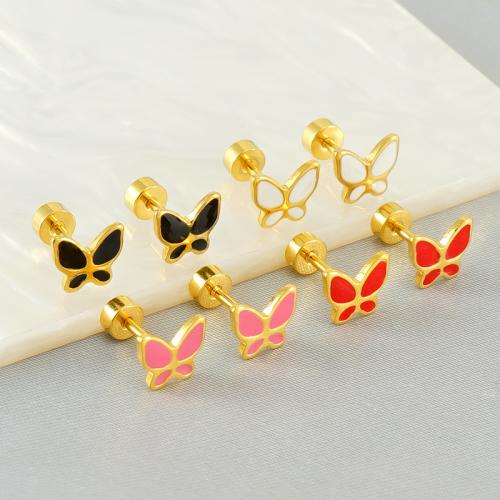 Stainless Steel Stud Earring, 304 Stainless Steel, Butterfly, 18K gold plated, fashion jewelry & for woman & enamel 