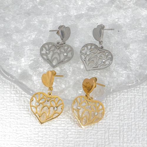 Stainless Steel Drop Earring, 304 Stainless Steel, Heart, Vacuum Ion Plating, for woman & with rhinestone & hollow, golden 