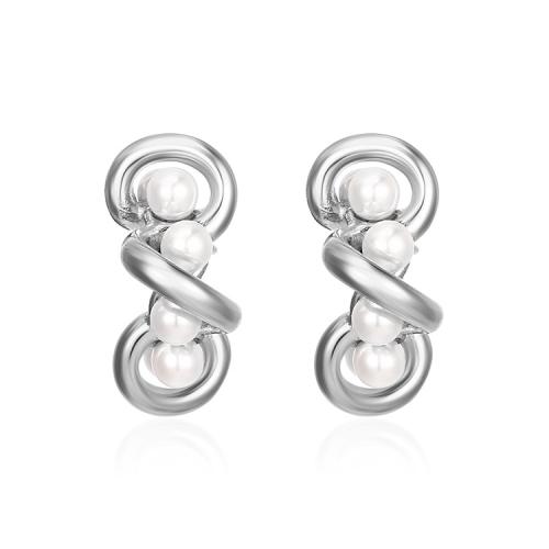 Stainless Steel Stud Earring, 304 Stainless Steel, with Plastic Pearl, Letter C, Vacuum Ion Plating, fashion jewelry & for woman 