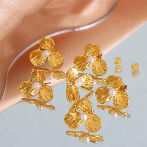 Boucles d'oreilles en acier titane, avec perle de plastique, fleur, Placage, bijoux de mode, doré Vendu par paire