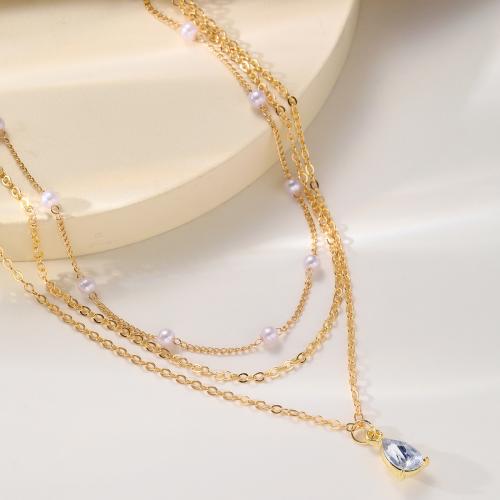 Zinc Alloy Necklace, with Crystal & Plastic Pearl, three layers & fashion jewelry & for woman, golden 