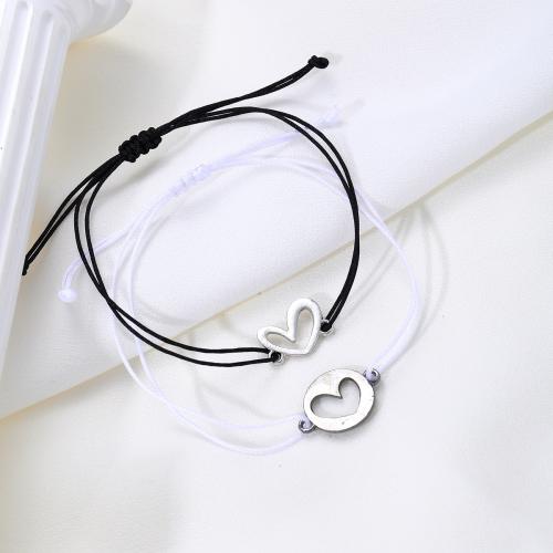Fashion Zinc Alloy Bracelets, with Artificial Fibre, with 7cm extender chain, Heart, handmade, 2 pieces & fashion jewelry & Unisex, white and black cm 
