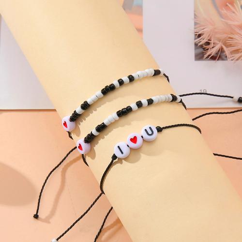 Fashion Create Wax Cord Bracelets, Seedbead, with Wax Cord & Acrylic, handmade, 2 pieces & Unisex, white and black Approx 16-28 cm 