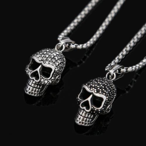 Stainless Steel Jewelry Necklace, 304 Stainless Steel, Skull, polished & for man & with rhinestone, original color Approx 60 cm 