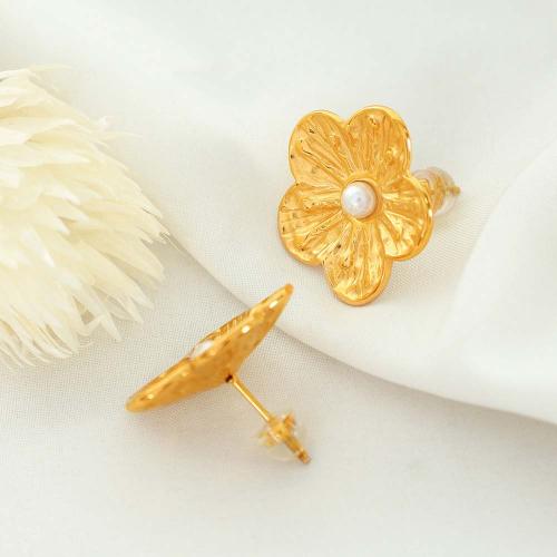 Titan Stahl Ohrringe, Titanstahl, mit Kunststoff Perlen, Blume, plattiert, Modeschmuck, goldfarben, 22.4x21.9mm, verkauft von Paar