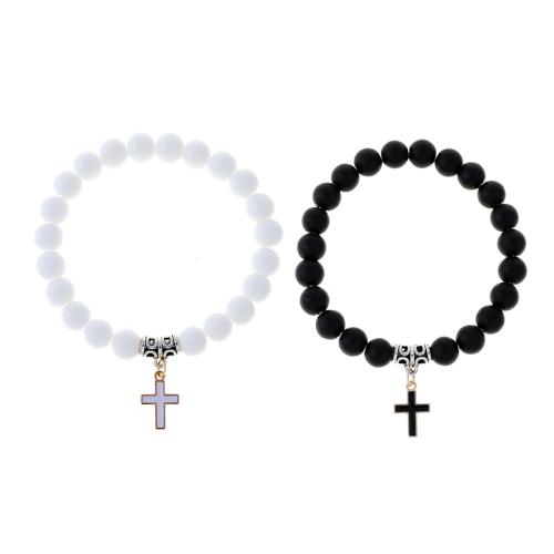 Couple Bracelet, Zinc Alloy, with Gemstone & 304 Stainless Steel, plated, 2 pieces & Unisex & enamel, white and black Approx 18-32 cm 