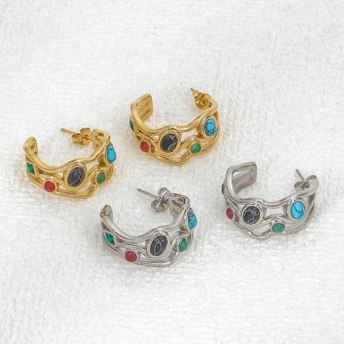 Stainless Steel Stud Earring, 304 Stainless Steel, with Gemstone, Vacuum Ion Plating, fashion jewelry & for woman 