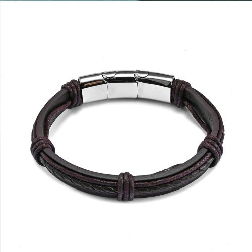 PU Leather Cord Bracelets, with 304 Stainless Steel, folk style & for man, brown cm 
