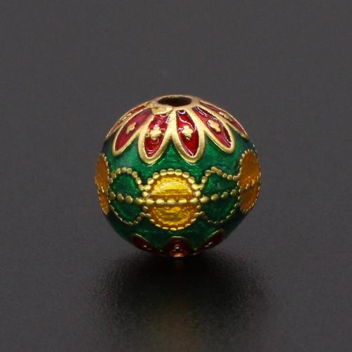 Enamel Brass Beads, Round, gold color plated, DIY, green 