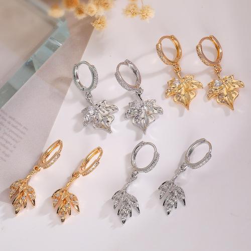 Cubic Zirconia Micro Pave Brass Earring, Leaf, plated, fashion jewelry & micro pave cubic zirconia 