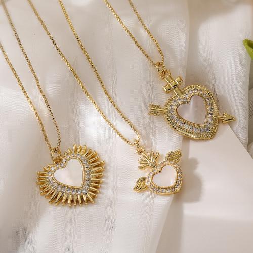 Cubic Zircon Micro Pave Brass Necklace, with White Shell, Heart, plated, fashion jewelry & micro pave cubic zirconia, golden cm 