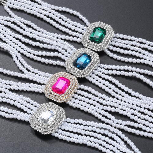 Brass Jewelry Necklace, with Glass Rhinestone & Plastic Pearl, with 5.51 Inch extender chain, fashion jewelry & multilayer & for woman .03 Inch 