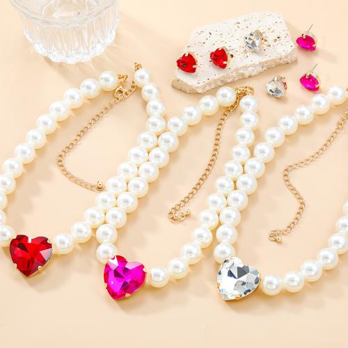 Fashion Zinc Alloy Jewelry Sets, Stud Earring & necklace, with Glass Rhinestone & Plastic Pearl, Heart, fashion jewelry & for woman [