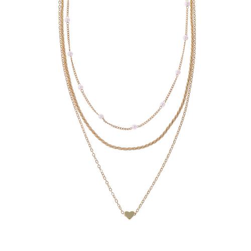 Mode-Multi-Layer-Halskette, Eisen, mit Kunststoff Perlen, plattiert, für Frau, goldfarben, Länge:ca. 40-45 cm, verkauft von PC