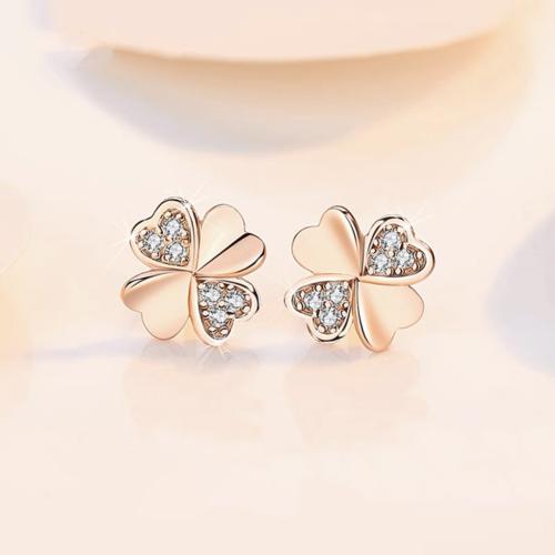Sterling Silver Stud Earring, 925 Sterling Silver, Four Leaf Clover, fashion jewelry & for woman & with rhinestone [