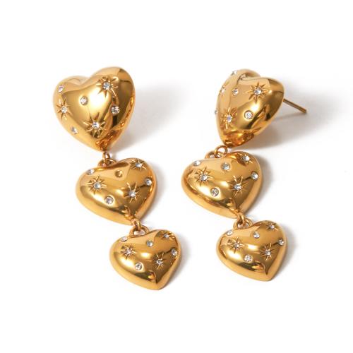 Stainless Steel Drop Earring, 304 Stainless Steel, Heart, 18K gold plated, fashion jewelry & for woman & with rhinestone, golden 