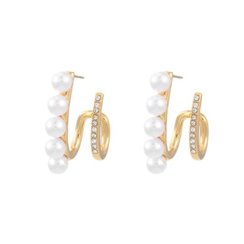 Edelstahl Perle Stud Ohrring, 304 Edelstahl, mit Kunststoff Perlen, plattiert, Micro pave Zirkonia & für Frau, goldfarben, verkauft von Paar