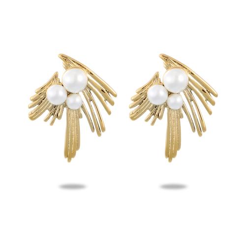 Edelstahl Perle Stud Ohrring, 304 Edelstahl, mit Kunststoff Perlen, plattiert, verschiedene Stile für Wahl & für Frau, goldfarben, verkauft von Paar