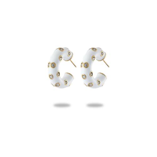 Stainless Steel Rhinestone Stud Earring, 304 Stainless Steel, with White Shell & Resin, plated & for woman & enamel & with rhinestone, golden 