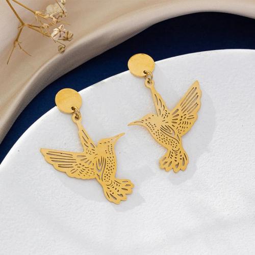 Stainless Steel Drop Earring, 304 Stainless Steel, Hummingbird, 18K gold plated, fashion jewelry & for woman, golden 