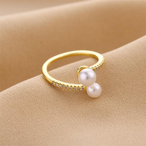 Rhinestone Brass Finger Ring, with Plastic Pearl, fashion jewelry & for woman & with rhinestone, golden, US Ring 