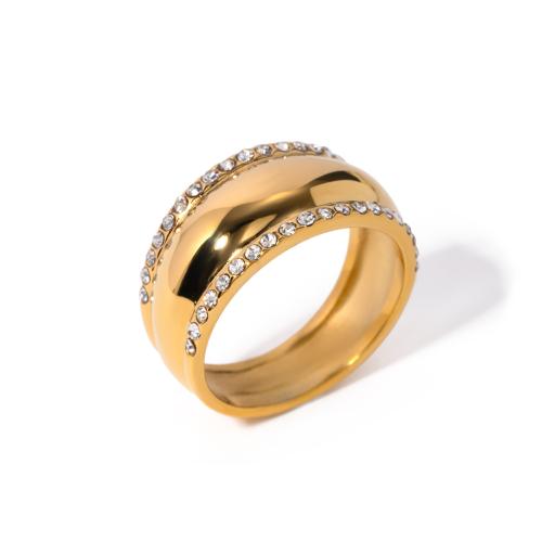 Rhinestone Stainless Steel Finger Ring, 304 Stainless Steel, 18K gold plated & for woman & with rhinestone, golden, width 9.8mm 