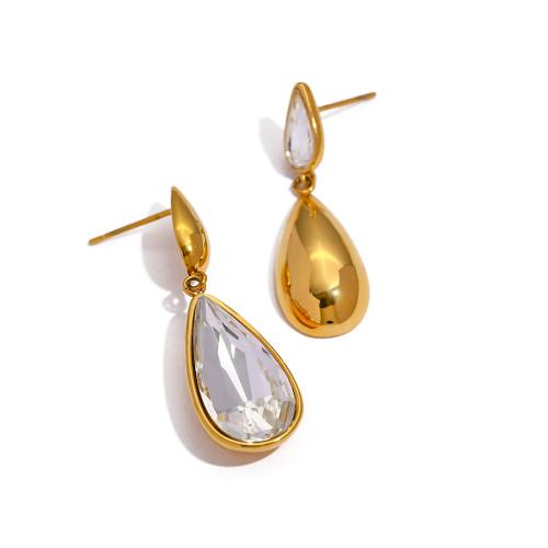 Stainless Steel Drop Earring, 304 Stainless Steel, Teardrop, 18K gold plated, fashion jewelry & for woman & with rhinestone, golden 