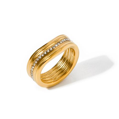 Нержавеющая сталь Rhinestone палец кольцо, Нержавеющая сталь 304, 18K позолоченный, ювелирные изделия моды & Женский & со стразами, Золотой, width 7.5mm, размер:7, продается PC