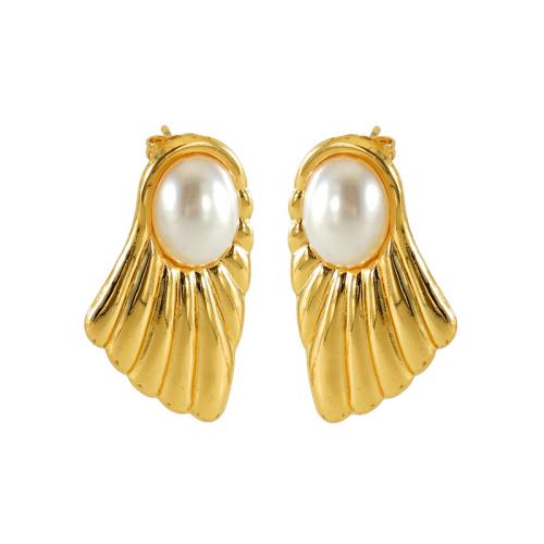 Edelstahl Stud Ohrring, 304 Edelstahl, mit Kunststoff Perlen, 18K vergoldet, Modeschmuck & für Frau, goldfarben, 35x19mm, verkauft von Paar