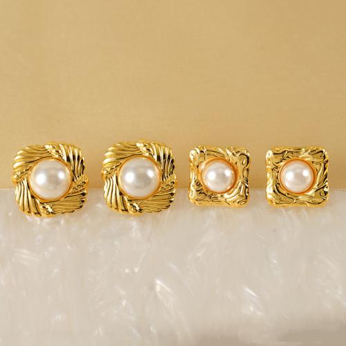 Edelstahl Stud Ohrring, 304 Edelstahl, mit Kunststoff Perlen, 18K vergoldet, Modeschmuck & verschiedene Stile für Wahl & für Frau, goldfarben, verkauft von Paar
