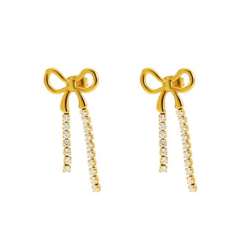 Stainless Steel Drop Earring, 304 Stainless Steel, Bowknot, 18K gold plated, fashion jewelry & for woman & with rhinestone, golden 