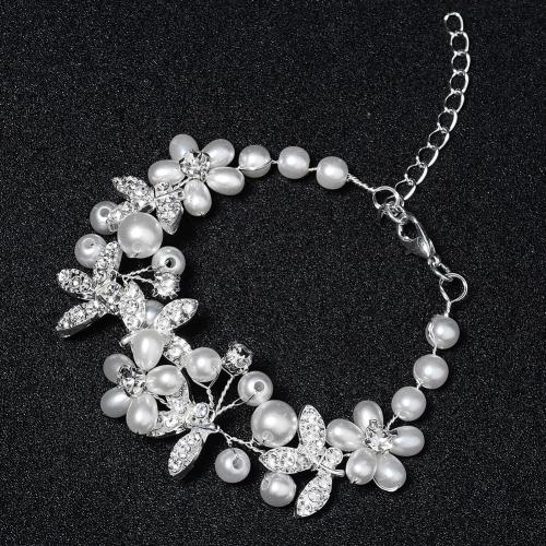 Bracelets de perles en plastique, alliage de zinc, avec perle de plastique, avec 5cm chaînes de rallonge, bijoux de mode & pour femme & avec strass, argent Environ 18 cm, Vendu par brin