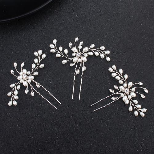 Hair Stick, Zinc Alloy, with Plastic Pearl, fashion jewelry & for woman & with rhinestone, silver color 