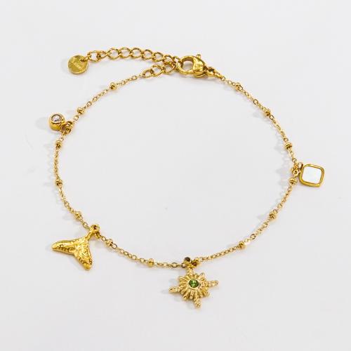 Stainless Steel Charm Bracelet, 304 Stainless Steel, with Natural Stone & Shell, with 3cm extender chain, Vacuum Ion Plating, fashion jewelry & for woman Approx 17 cm 