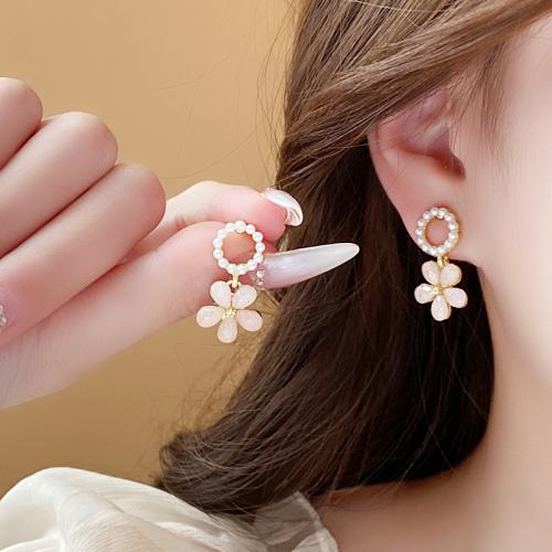Plastic Pearl Zinc Alloy Earring, with Plastic Pearl, Flower, plated, fashion jewelry, pink 