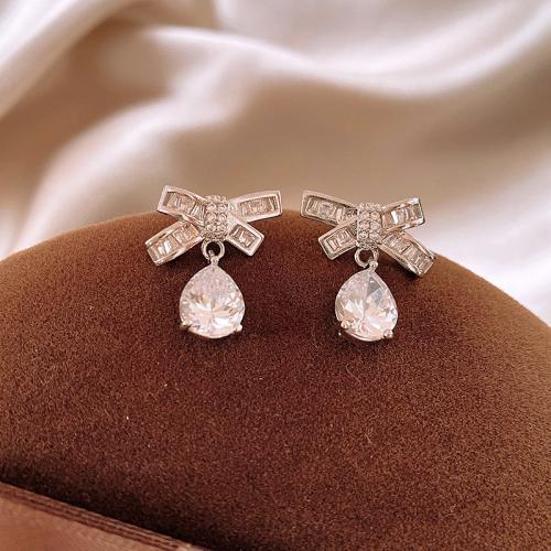 Cubic Zirconia Micro Pave Brass Earring, Bowknot, plated, fashion jewelry & micro pave cubic zirconia, silver color 