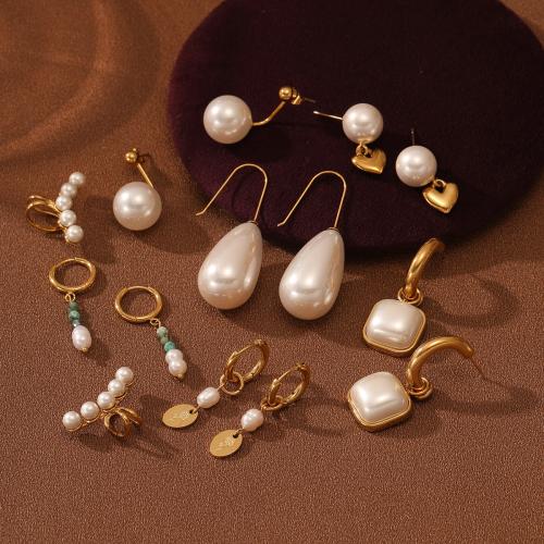 Edelstahl Stud Ohrring, 304 Edelstahl, mit Türkis & Kunststoff Perlen, plattiert, verschiedene Stile für Wahl & für Frau, goldfarben, verkauft von Paar